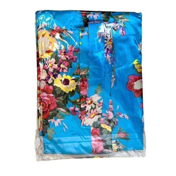 Floral Satin Robe Blue Pink Pockets Short Medium - Picture 3 of 6